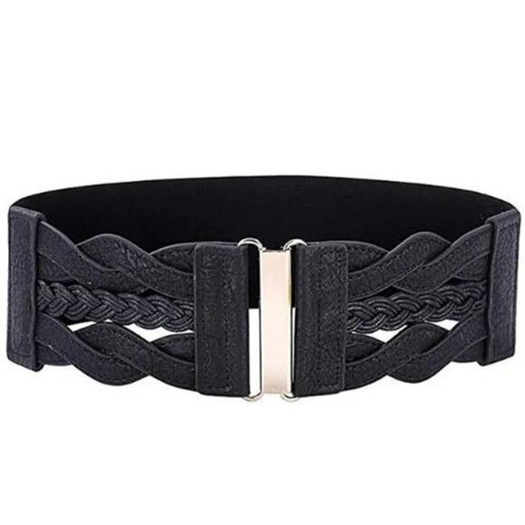 2/$30 NEW Elastic Wide Waist Belt Braided Black - Picture 3 of 12